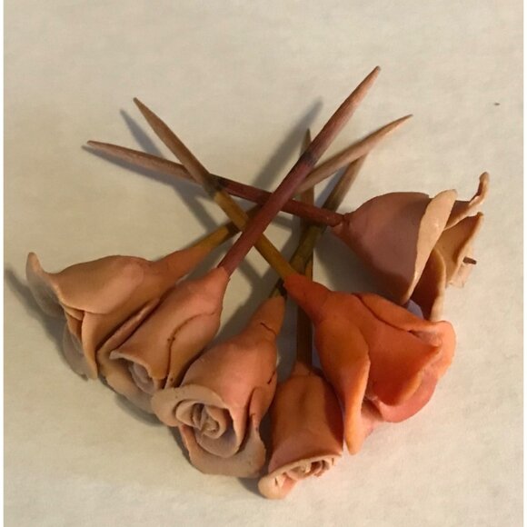 Handcrafted Clay Rose Cupcake Toppers On Toothpicks 2 1/2" Set of 6 - Picture 2 of 6
